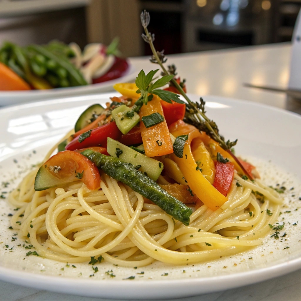 assiette colorée de pâtes aux légumes