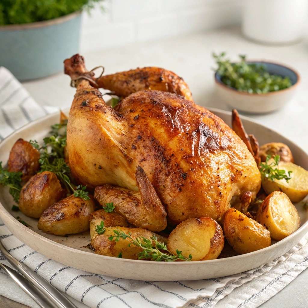 Poulet rôti doré avec pommes de terre au four