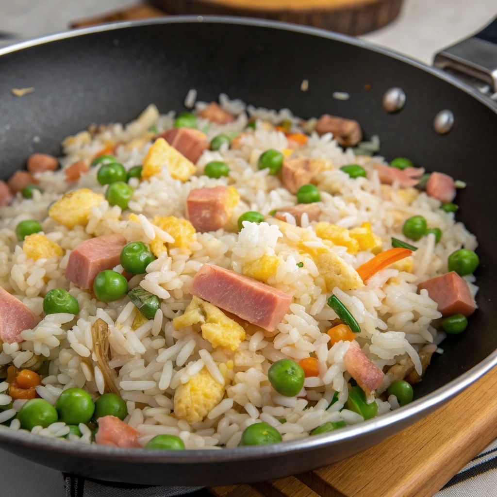 Assiette de riz sauté façon cantonaise avec petits pois, jambon et œuf