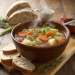 Bol de soupe paysanne aux légumes fumante sur une table en bois rustique.