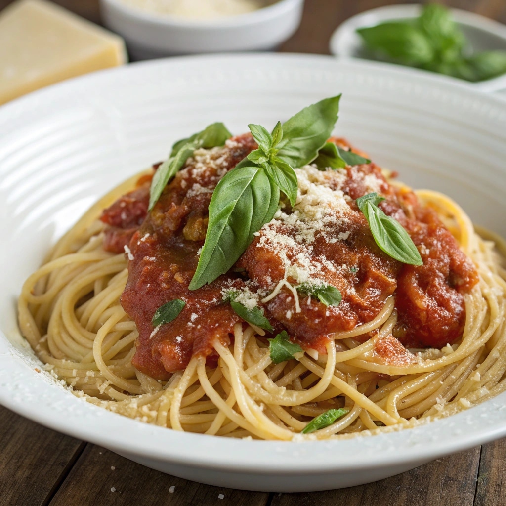 Assiette de pâtes à la sauce tomate maison avec parmesan