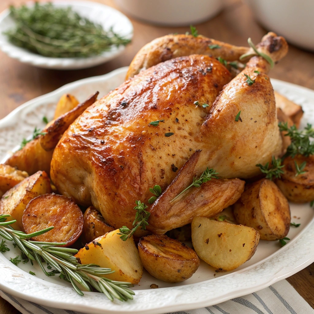 Poulet rôti croustillant avec pommes de terre dorées