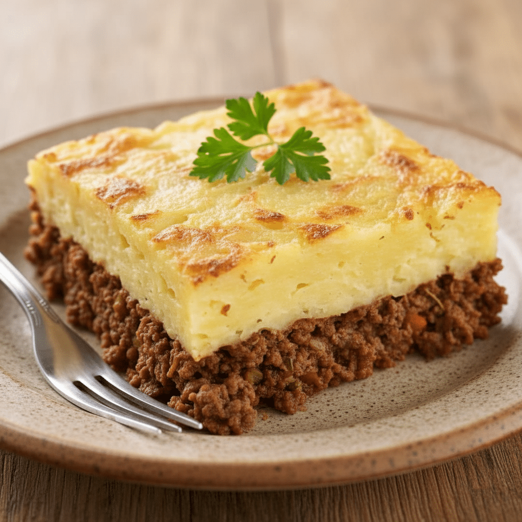 Hachis Parmentier maison gratiné dans un plat à four avec purée onctueuse.